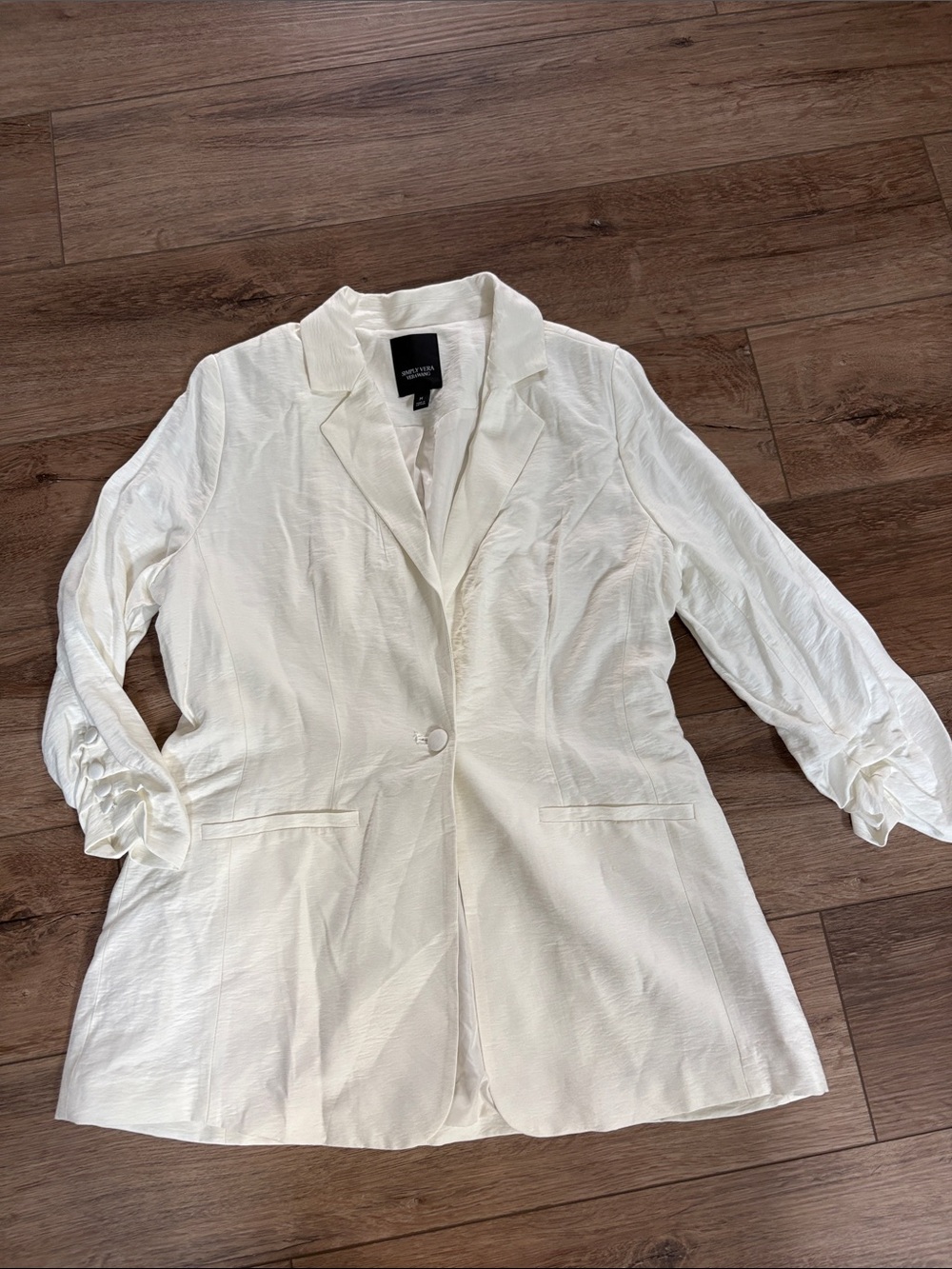 Simply Vera Vera Wang Ivory Single-Button Long Blazer Jacket Ruched Sleeves